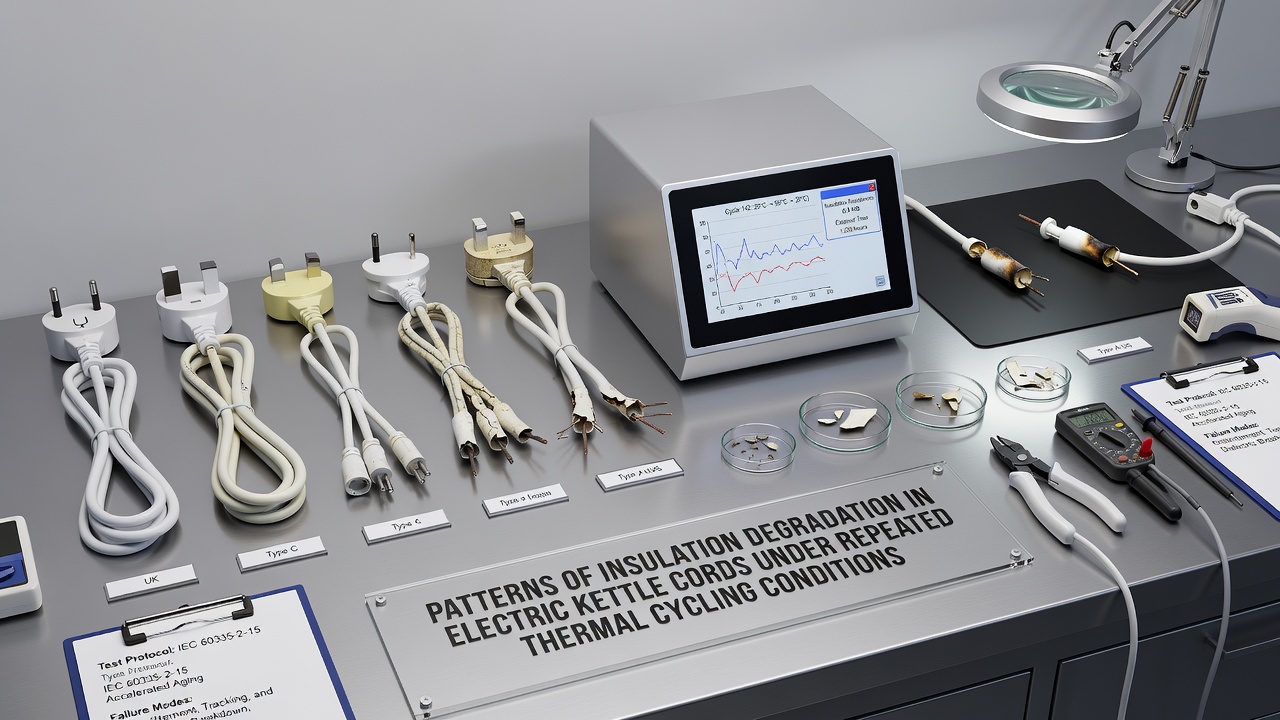 Laboratory setup displaying electric kettle cord samples connected to resistance monitoring equipment during thermal cycling tests